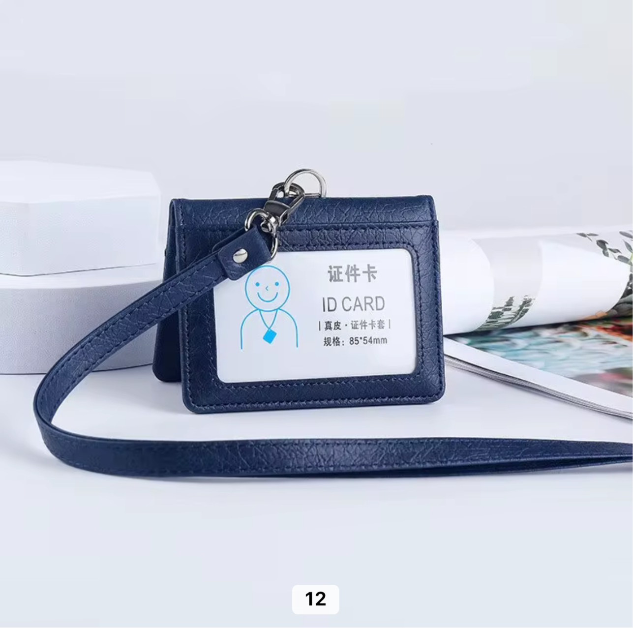 Porta badge in pelle blu orizzontale 