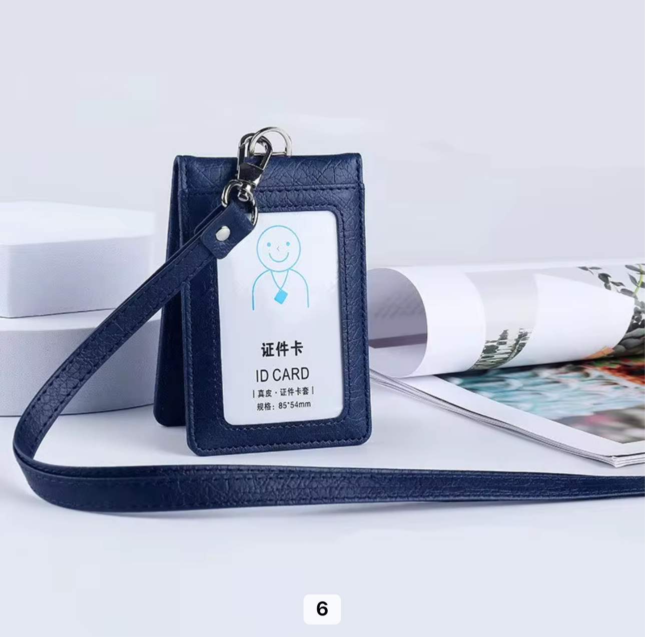 Porta badge in pelle blu verticale 